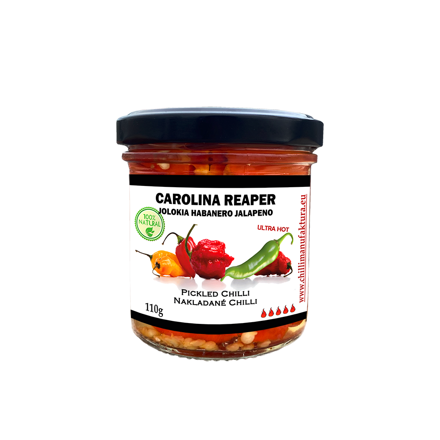 Chilli befőtt Carolina Reaper, Jolokia, Jalapeno 110g Chilli befőtt Carolina Reaper, Jolokia, Jalapeno 110g